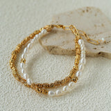 Mixed Freshwater Pearl Lava Grain Gold Stack Bracelet
