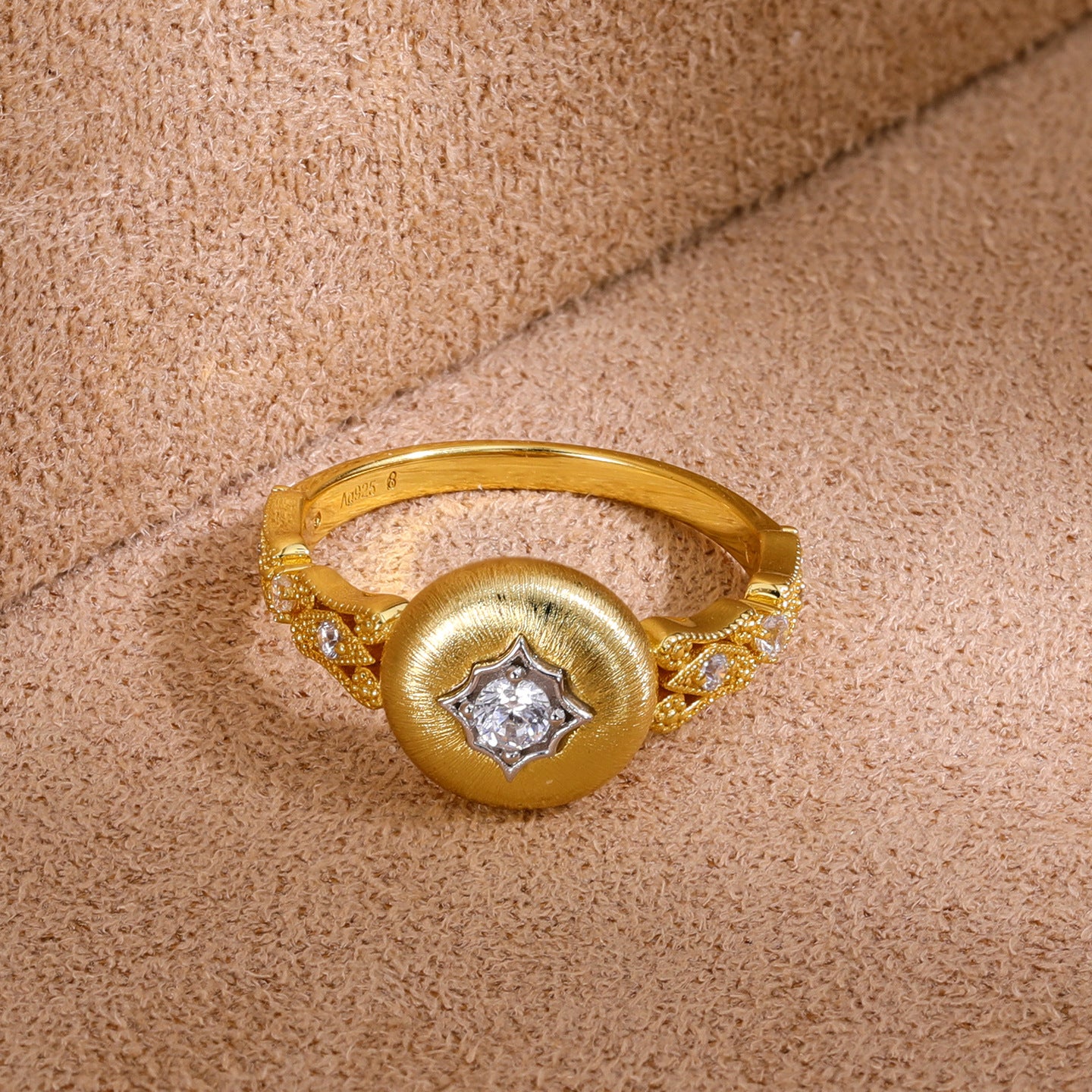 Brushed starburst cubic zirconia statement ring - front angle