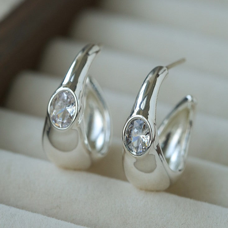 Minimalist Metal C-Hoop Cubic Zirconia Earrings