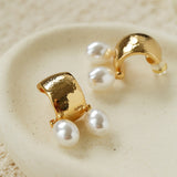 French Vintage Hammered Gold Double Pearl Drop Earrings | Vintage French Ear Jewelry
