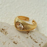 Vintage Ribbed Oval Cubic Zirconia Open Ring