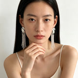 Sculptural Mirror Silver Conch Long Tassel Earrings