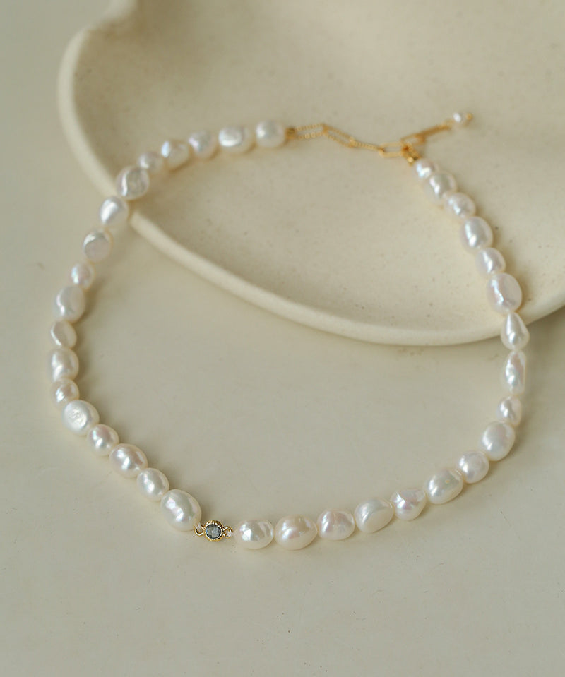 Mid-Century Vibe Irregular Freshwater Pearl Color Zircon Necklace