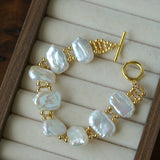 Square Baroque Natural Freshwater Pearl OT Toggle Clasp Statement Bracelet