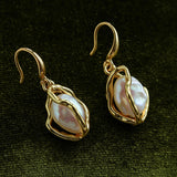 Wrapped Gold Frame Natural Baroque Pearl Drop Earrings