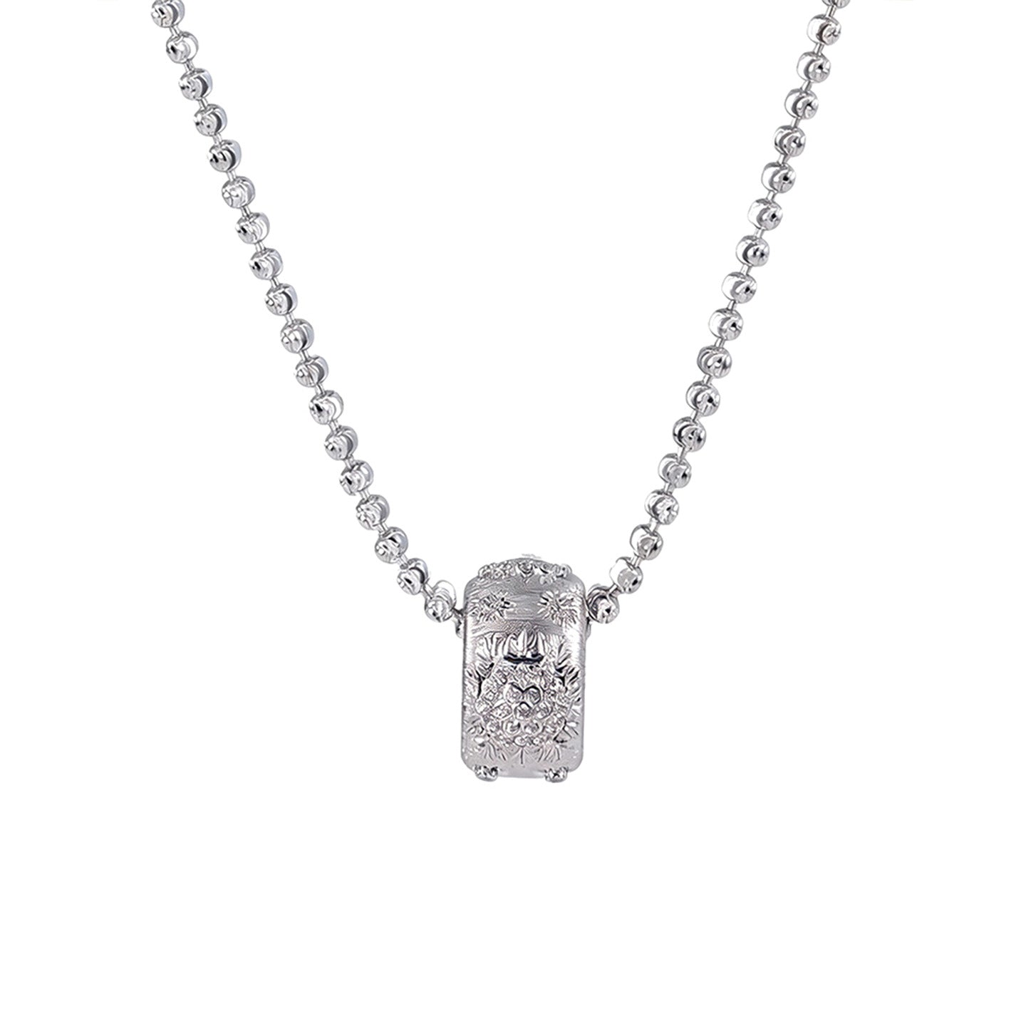 Silver brushed floral cubic zirconia pendant necklace on white background
