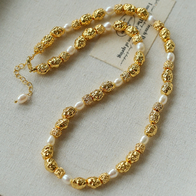 Multi-Pearl Lava Gold Bead Necklace
