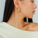 Textured Molten Metal C-Shaped Hoop Earrings with Freshwater Pearl Gemstones
