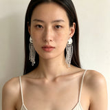 Asymmetric Polished Silver Leaf Long Tassel Earrings