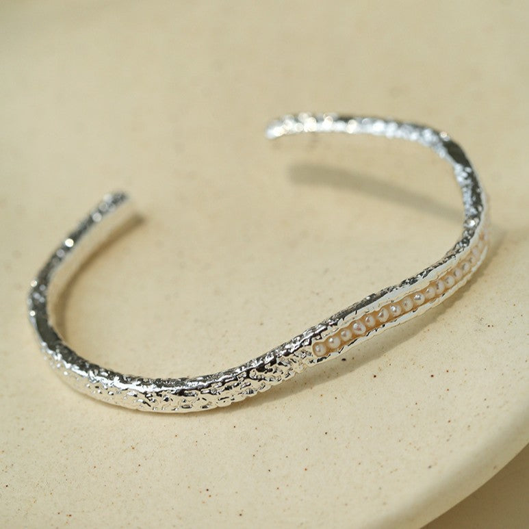 Natural Freshwater Pearl Molten Texture Open Cuff Bracelet