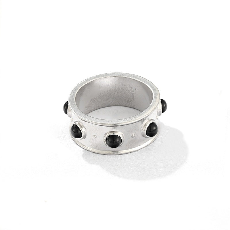 Designer Curved Black Onyx & Deer Antler Stone Band Ring - Narrow