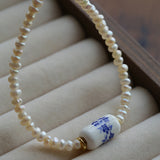 Blue and White Porcelain Freshwater Pearl Beaded Bracelet | Oriental Minimalist Luxury Jewelry
