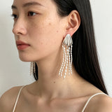 Textured Silver Vertical Stripe Shell Fringe Tassel Drop Earrings