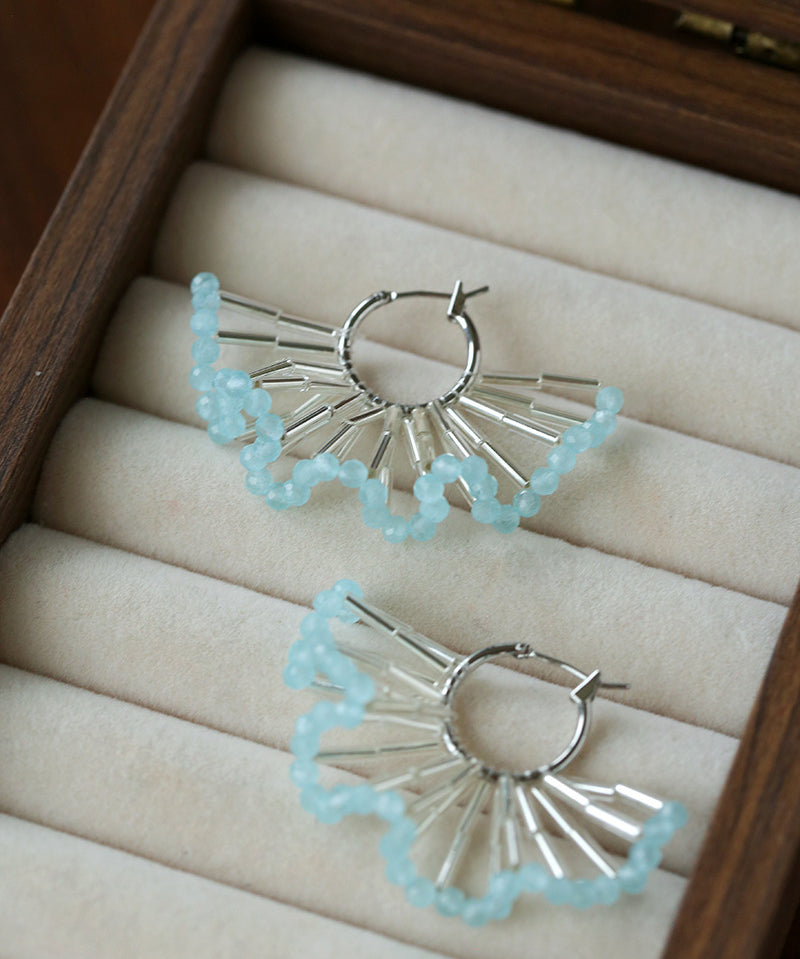 Artisanal Woven Bead Fan Hoop Earrings - 18K Gold Plated Brass & Opalite Statement Dangle Earrings
