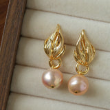 Vintage Flame Wing Natural Freshwater Pearl Drop Earrings