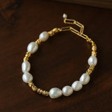 Crinkled Metal Link Smooth Freshwater Pearl Adjustable Wrist Bracelet