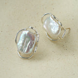 Hollow Lace Frame Baroque Pearl Stud Earrings - Silver