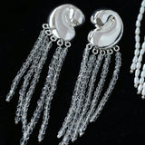 Sculptural Mirror Silver Conch Long Tassel Earrings