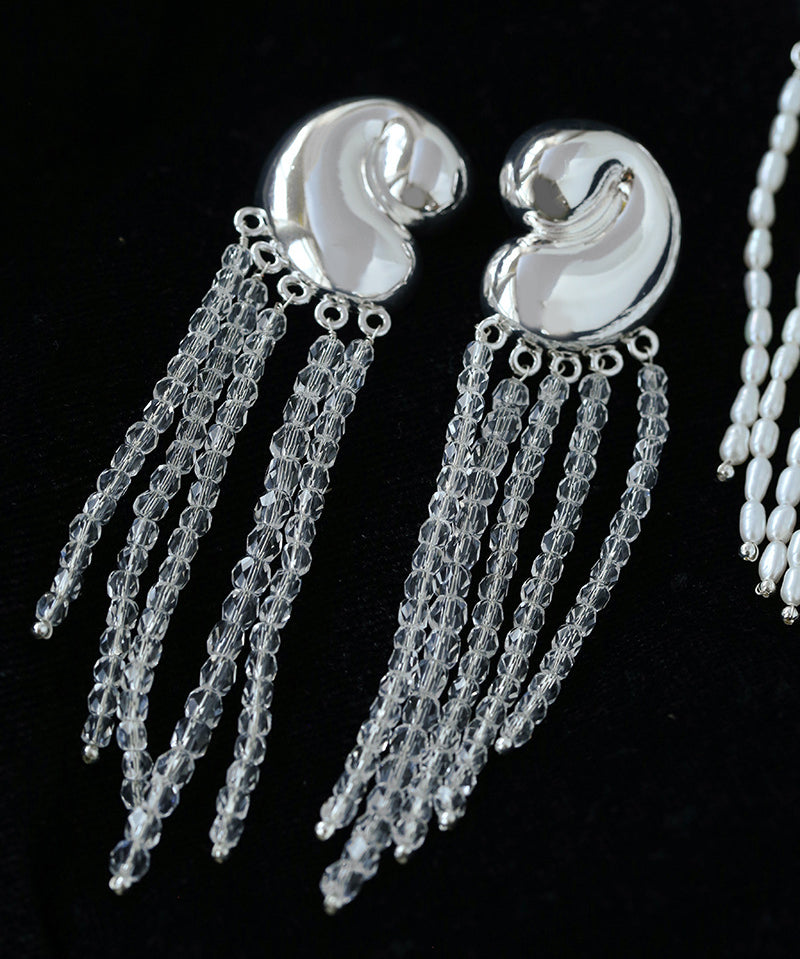 Sculptural Mirror Silver Conch Long Tassel Earrings