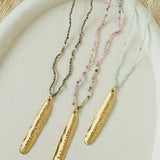 Hand‑Strung Micro‑Bead Hammered Bar Pendant Long Necklace