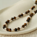 Small  Tiger Eye & Pearl Beaded Necklace