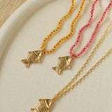 Natural Stone Bead / Plain Metal Chain Gold Fish Pendant Long Necklace
