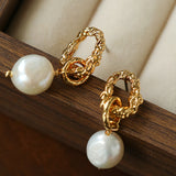 Vintage Lava Textured Double Interlock Ring Pearl Drop Earrings