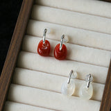 Oval Natural Red Agate And White Agate C-Shaped Earrings