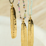 Hand‑Strung Micro‑Bead Hammered Bar Pendant Long Necklace