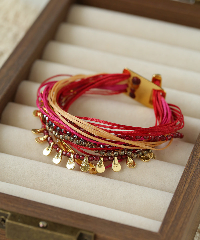 Multi-Strand Boho Woven Cord Natural Stone Coin Bracelet