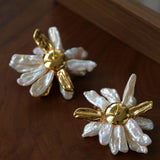 French Natural Toothpick Baroque Pearls Flower Earrings
