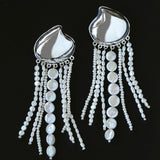 Asymmetric Polished Silver Leaf Long Tassel Earrings