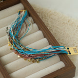 Multi-Strand Boho Woven Cord Natural Stone Coin Bracelet