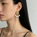 Vintage Sculptural Shell Freshwater Pearl Tassel Earrings