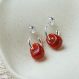 Oval Natural Red Agate And White Agate C-Shaped Earrings