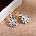 Black-and-Gold Floral Halo Cubic Zirconia Earrings - close-up detail | Floysun
