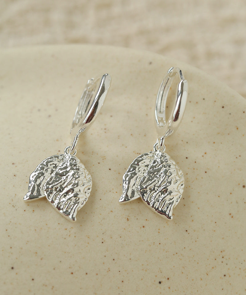 Dainty Dangling Tulip Huggie Hoop Earrings - Vintage Hammered Metal Floral Charm Hoops
