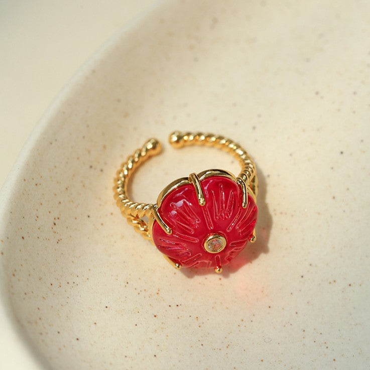 Handcrafted Glass Flower Dome Ring - 18K Gold Plated Brass Romantic Floral Adjustable Ring