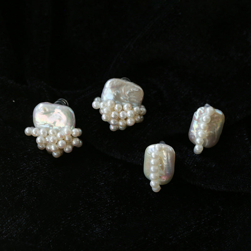 Square cluster and elongated row baroque freshwater pearl stud earrings