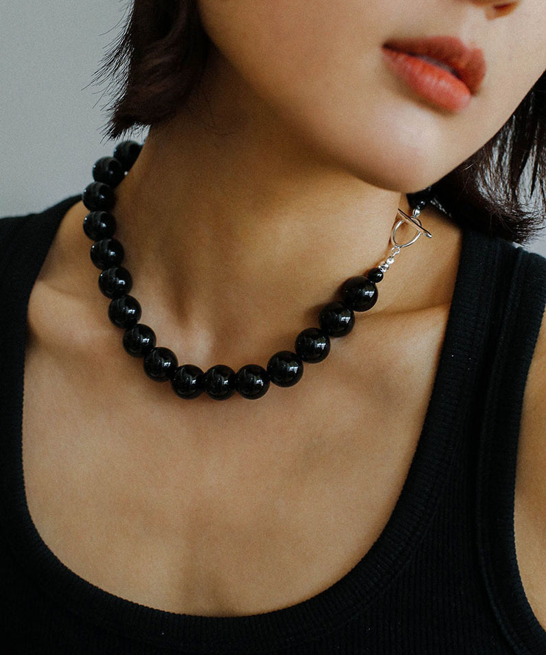 14mm Black Agate Beaded Necklace ОТ Buckle
