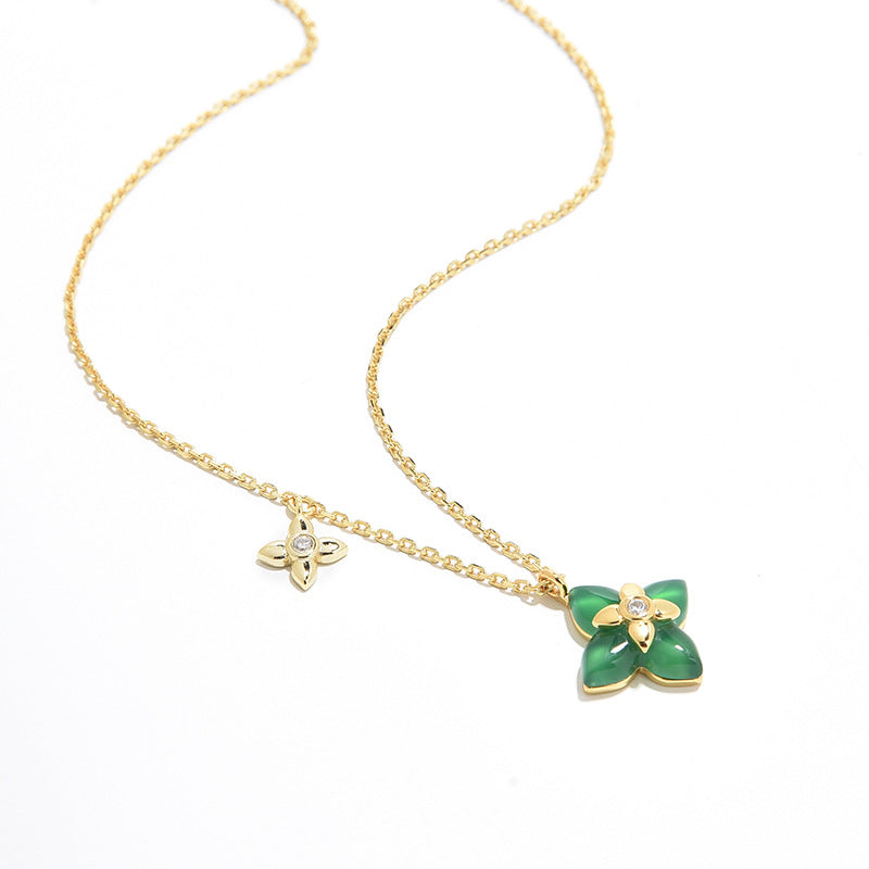 French Vintage Four-Leaf Natural Stone Necklace