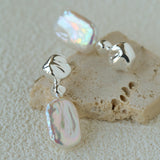 Artistic Irregular Sculpt Metal Baroque Pearl Dangle Earrings