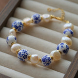 Blue and White Porcelain Freshwater Pearl Beaded Bracelet | Oriental Minimalist Luxury Jewelry