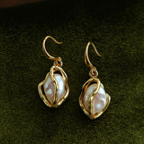 Wrapped Gold Frame Natural Baroque Pearl Drop Earrings