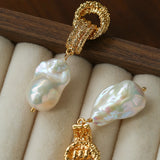 Vintage Lava Textured Double Interlock Ring Pearl Drop Earrings