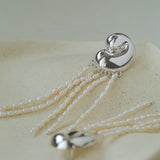 Sculptural Mirror Silver Conch Long Tassel Earrings