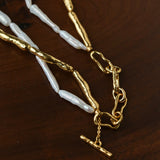 Double-Layer Baroque Stick Pearl Hammered Gold Necklace