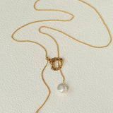 Adjustable Pull Texture Gold Hoop Double Baroque Pearl Y-Lariat Long Necklace