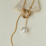 Adjustable Pull Texture Gold Hoop Double Baroque Pearl Y-Lariat Long Necklace