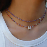 Mother-of-Pearl Initial Colorful Zircon Beaded Necklace